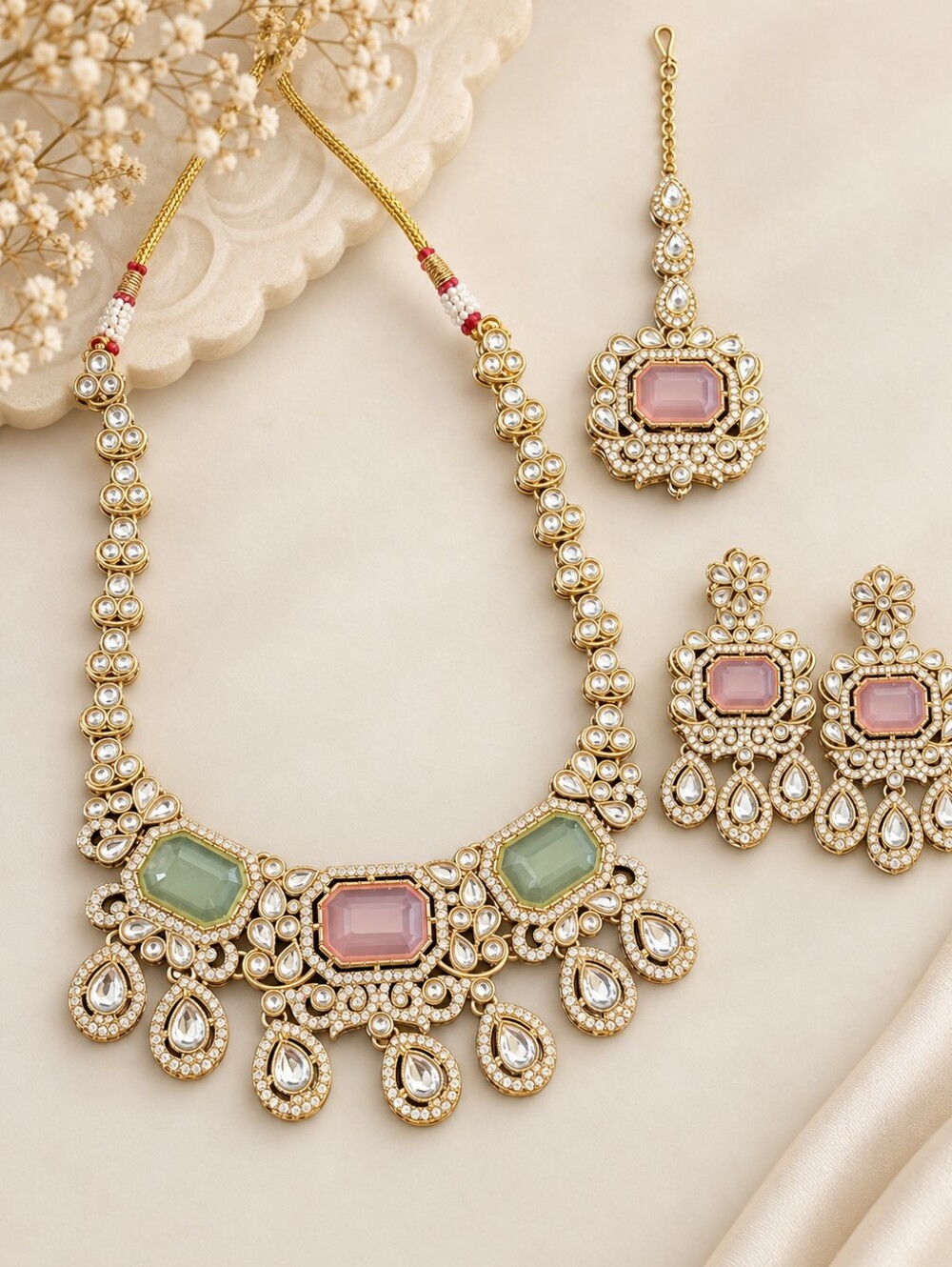 Pastel Zircon Polki Necklace Set with Earrings & Maang Tikka